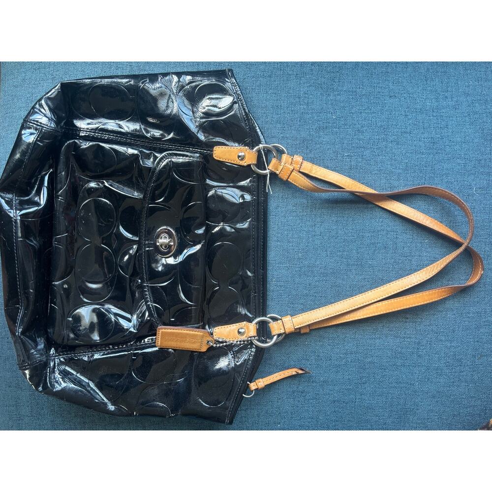 Coach Leah embossed patent leather shoulder tote bag in black with tan straps